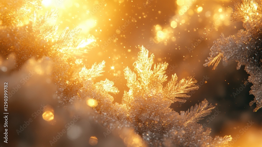 Fototapeta premium A breathtaking close-up of snow crystals on evergreen branches, catching the warm glow of the sun.