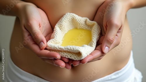 Castor oil pack. Woman is holding small bowl of butter in her hands