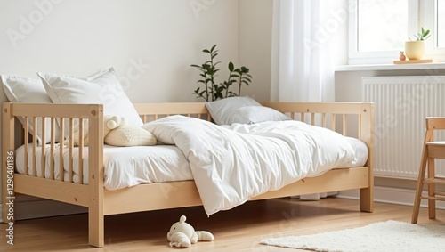 Montessori bed. Wooden bed with white bedding in bright bedroom interi