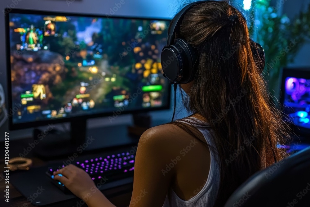 Woman Gamer at her Home PC Desk Woman Gamer at her Home PC Desk