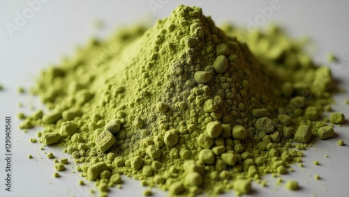 Moringa powder. Powder is green and has lot of tiny green seeds photo