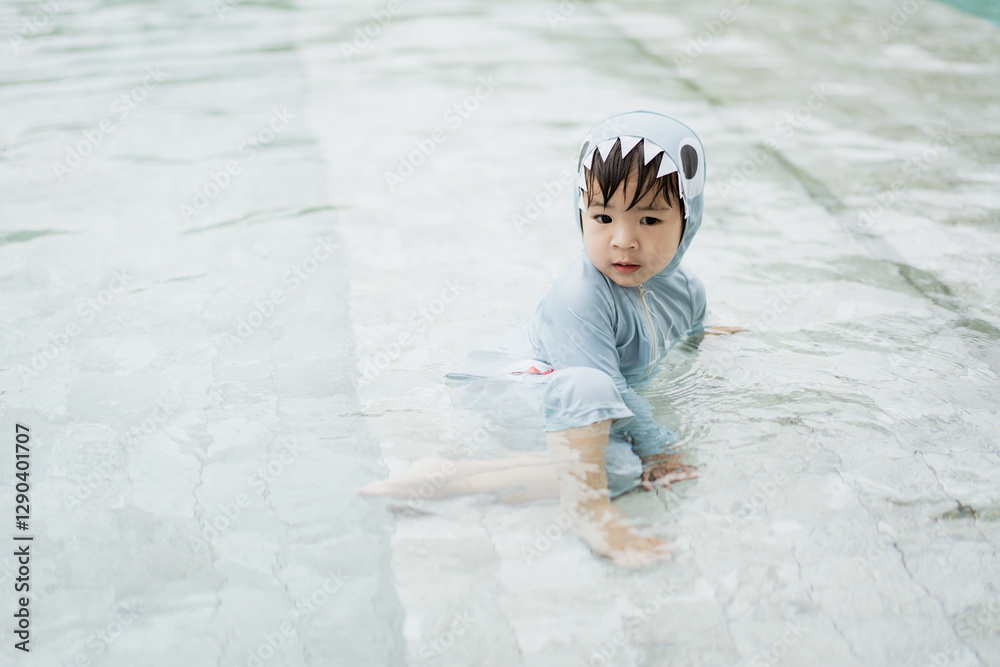 young child wearing shark themed swimsuit plays in shallow pool, enjoying water. child is dressed in light blue outfit with shark fin and hood, creating playful and imaginative scene young child wearing shark themed swimsuit plays in shallow pool, enjoying water. child is dressed in light blue outfit with shark fin and hood, creating playful and imaginative scene