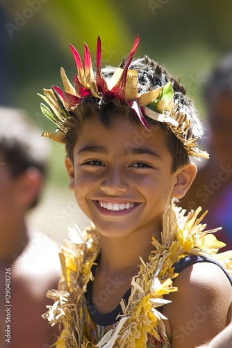 Joyful Pacific Islander Boy with Floral Crown and Hawaiian Attire Celebrating Cultural Heritage Outdoors