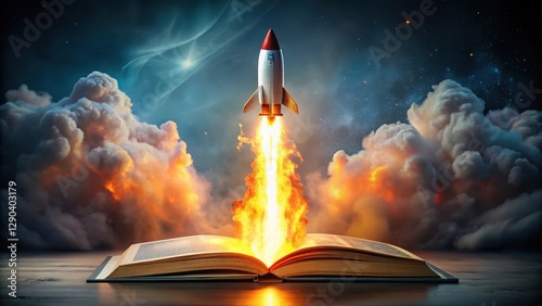 Fototapeta Naklejka Na Ścianę i Meble -  A rocket blasting off from an open book with flames and smoke erupting from the pages , rocket ship, flames,  rocket ship
