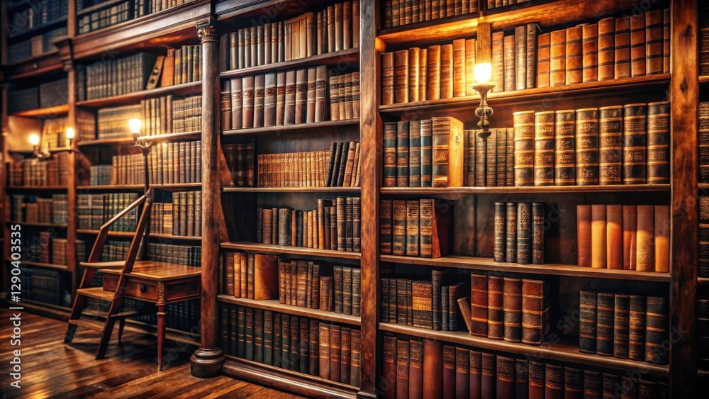 Warmly lit old library with wooden shelves filled with vintage books and leather-bound tomes , old library, classic literature Warmly lit old library with wooden shelves filled with vintage books and leather-bound tomes , old library, classic literature