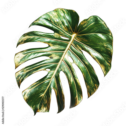 Premium Monstera Leaf with Gold Veining and Architectural Detail, Floating Shadow Effect, Isolated on Pure White Background 