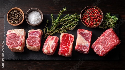 Raw beef cuts on slate board with herbs and spices on dark wooden table.  Top view.  For recipe, cooking, or food photography use