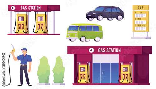 Gas station equipment vector flat set, cartoon building, refueler worker with pump hose gun, price board, fuel tank car
