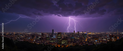 A Striking Thunderstorm Lights Up the City Skyline in a Dramatic Display of Nature's Power and Beauty Amidst the Night Sky