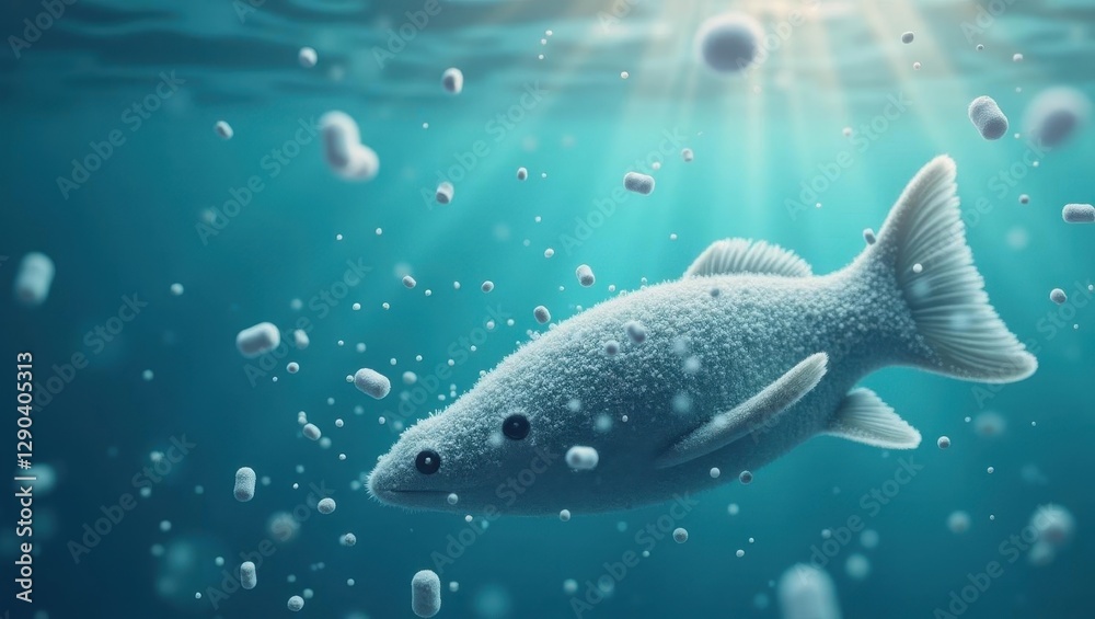 microplastic. Fish is swimming in water with bubbles coming out of it microplastic. Fish is swimming in water with bubbles coming out of it