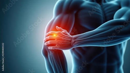 Muscle weakness. Wolverine peptide Inflammaging Nerve block relaxant Pemf therapy Therabody Vori Health Curable App fibroblast Muscular blue human torso with highlighted red painful shoulder joint, h