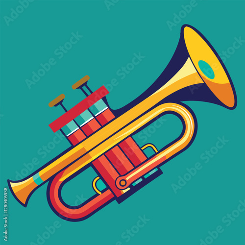 Vector hand drawn illustration of trumpet. Isolated on black.	