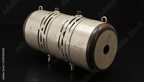 Steel tongue drum. Old fashioned metal tube is on black surface
