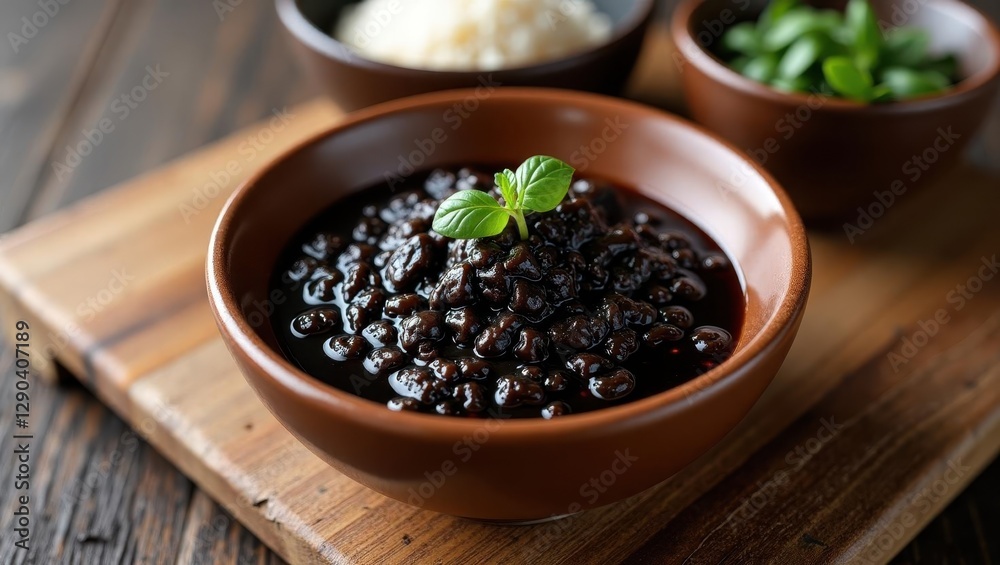 Black vinegar. Bowl is filled with black beans and rice on wooden board Black vinegar. Bowl is filled with black beans and rice on wooden board