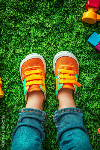 Children's feet in bright sneakers on green grass with toys photo