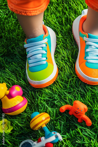 Children's feet in bright sneakers on green grass with toys photo