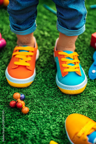 Children's feet in bright sneakers on green grass with toys photo