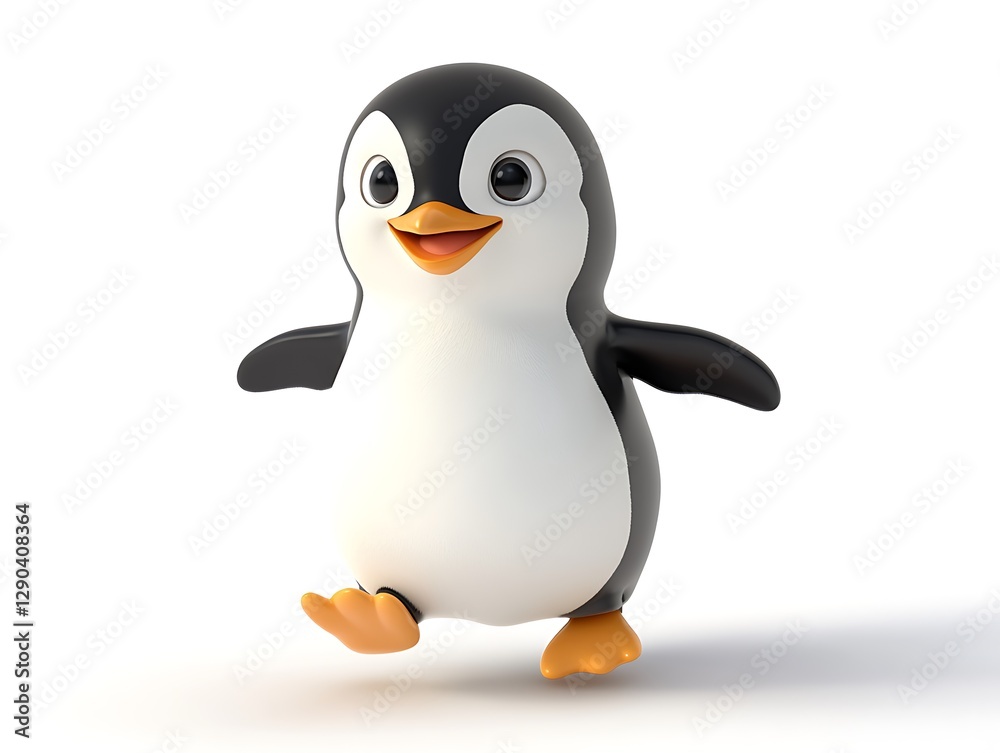 Fototapeta premium A happy cartoon penguin cheerfully walks across a white surface