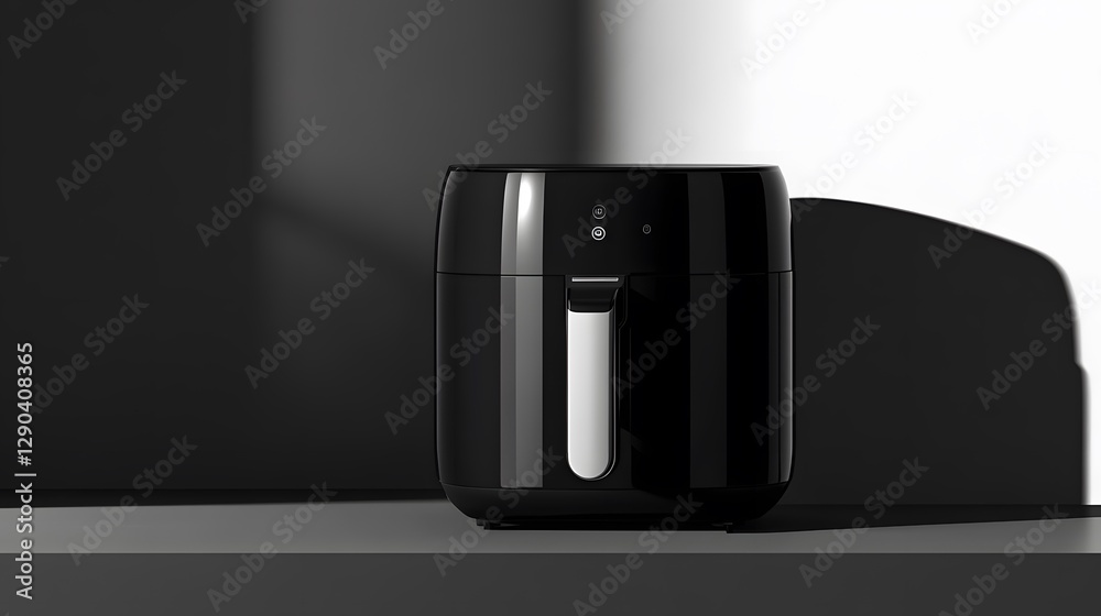 This modern black air fryer stands on a dark surface