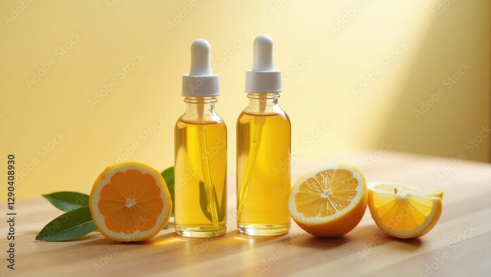 Niacinamide vitamin. Two bottles of oil are next to half of orange Niacinamide vitamin. Two bottles of oil are next to half of orange