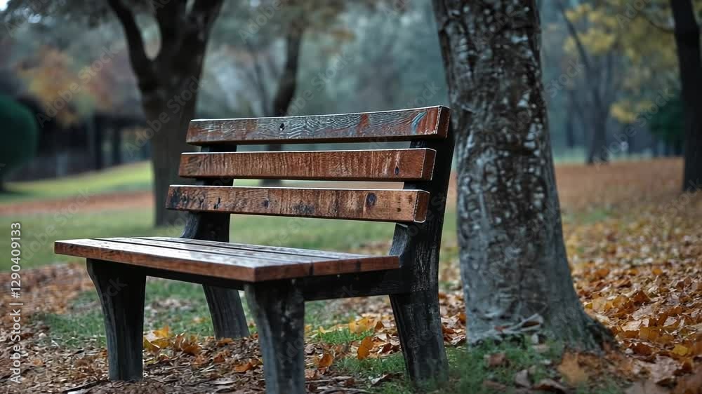 Wet wooden park bench in autumnal setting. Wet wooden park bench in autumnal setting.