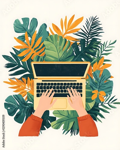 Hands Typing on Laptop Amidst Tropical Leaves