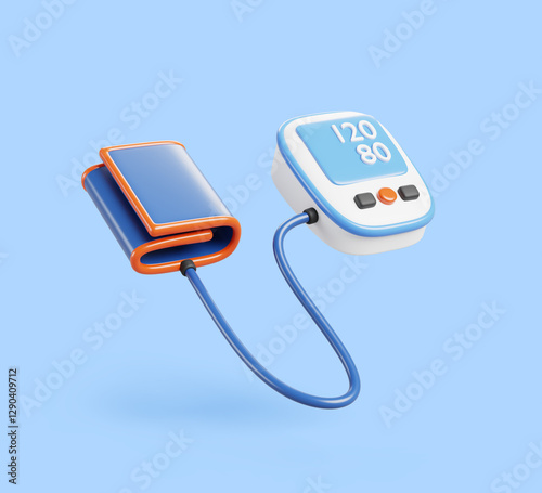 3d tonometer, electronic blood pressure. Medical equipment, device with monitor and cuff for diagnosis of arterial hypertension. Medicine and health care concept. Cartoon render icon. 3D illustration