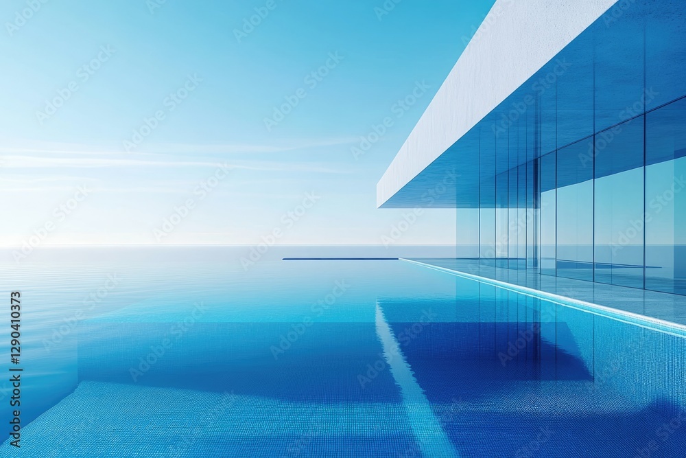 Obraz premium Modern infinity pool seamlessly blends with the ocean, offering breathtaking views from a minimalist glass-fronted building.