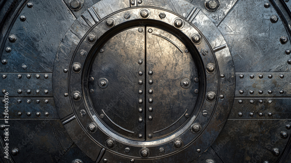 Fototapeta premium An iron impenetrable safe. The armor-piercing doors of the bomb shelter. Round metal door to the bunker in case of war. The space gateway