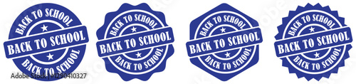 Back to school rubber stamp collection set on white background. Circular back to school stamp. Bold school message icon. School promotion label art. Classic round school sticker. Vector illustration
