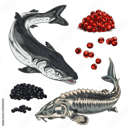 Red and black caviar heaps, salmon or trout and sturgeon beluga fishes hand drawn vector set, sea food, delicacy product