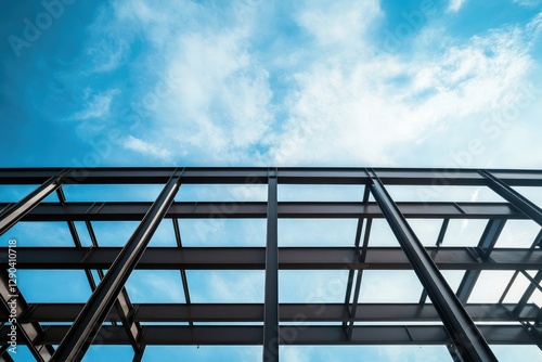The steel frame structure of the building is visible against the blue sky, showcasing industrial architecture and construction technology with steel beams for an exterior shot.