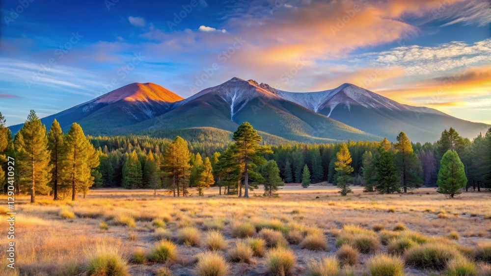 Fototapeta premium Panoramic view of Lockett Meadow with San Francisco Peaks in Flagstaff Arizona landscape at sunrise, Natural Wonders, Arizona Scenery