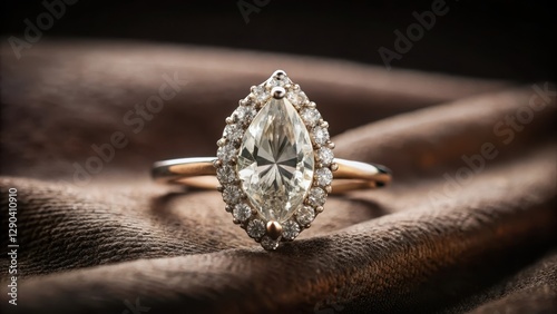 Elegant antique marquise diamond ring on dark velvet background, dark romantic