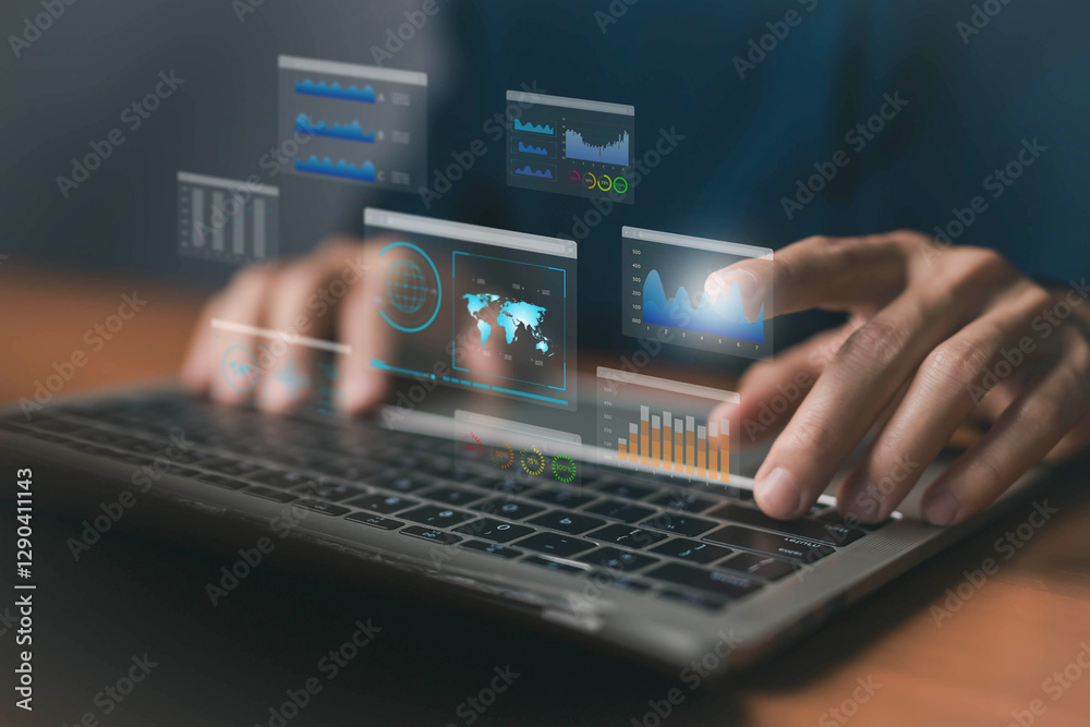 Fototapeta premium Businessman analysis shows a digital dashboard chart of the financial database. concept of business management, analytics market. Reporting platform overview, CRM system, ai data research
