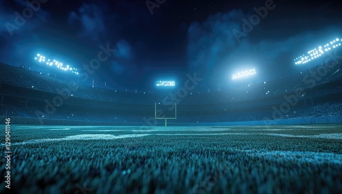 The texture of an empty football stadium at night with blue lights. In the background is a dark sky. The grass on the field shines in white light, while the stands glow in soft blue and green tones