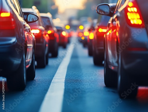City traffic jam, evening rush hour, road scene, photo stock