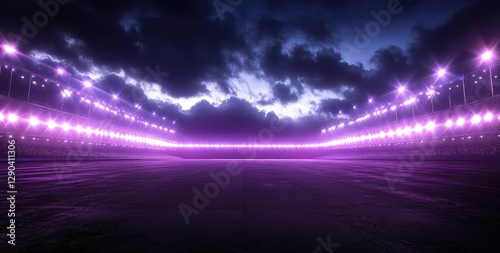 The wardrobe of an American football stadium at night. A large, dark field lit by bright white and purple spotlights, with clouds in the sky.