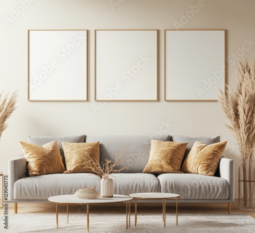 Three blank poster frames in a modern living room, with light beige walls, a grey sofa with golden pillows and a throw pillow, a small coffee table with a vase of dry pampas grass