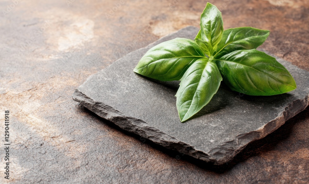 Fresh basil leaves on dark slate, rustic background, culinary use Fresh basil leaves on dark slate, rustic background, culinary use