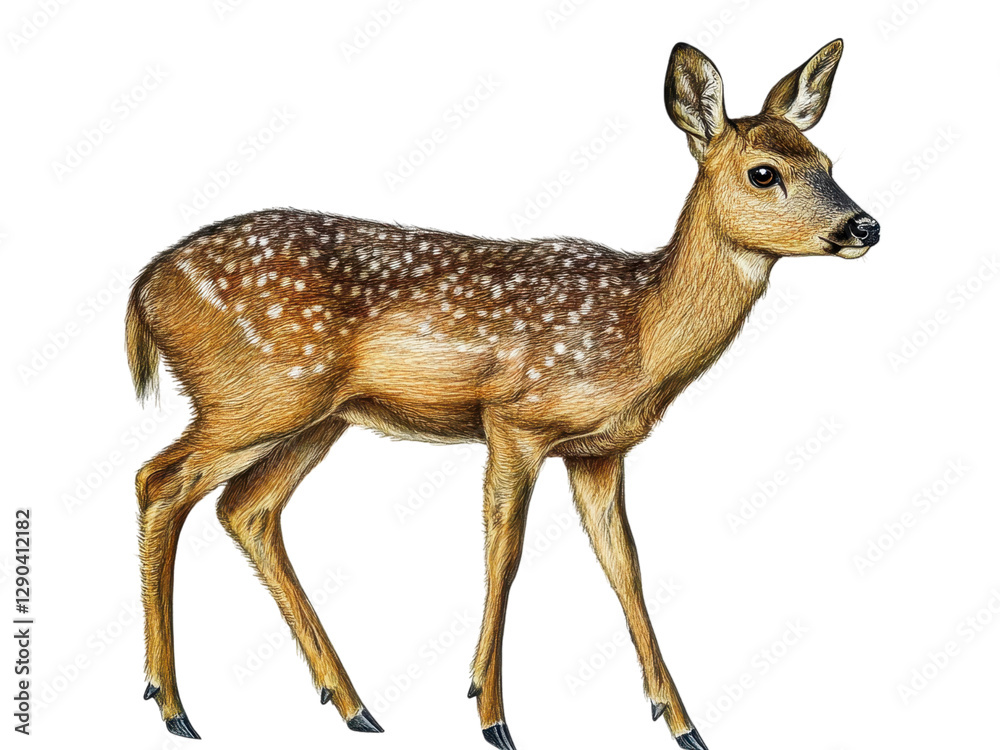 Detailed Illustration of a Young Roe Deer Spotted Fawn in Profile View Against a Transparent Background Detailed Illustration of a Young Roe Deer Spotted Fawn in Profile View Against a Transparent Background