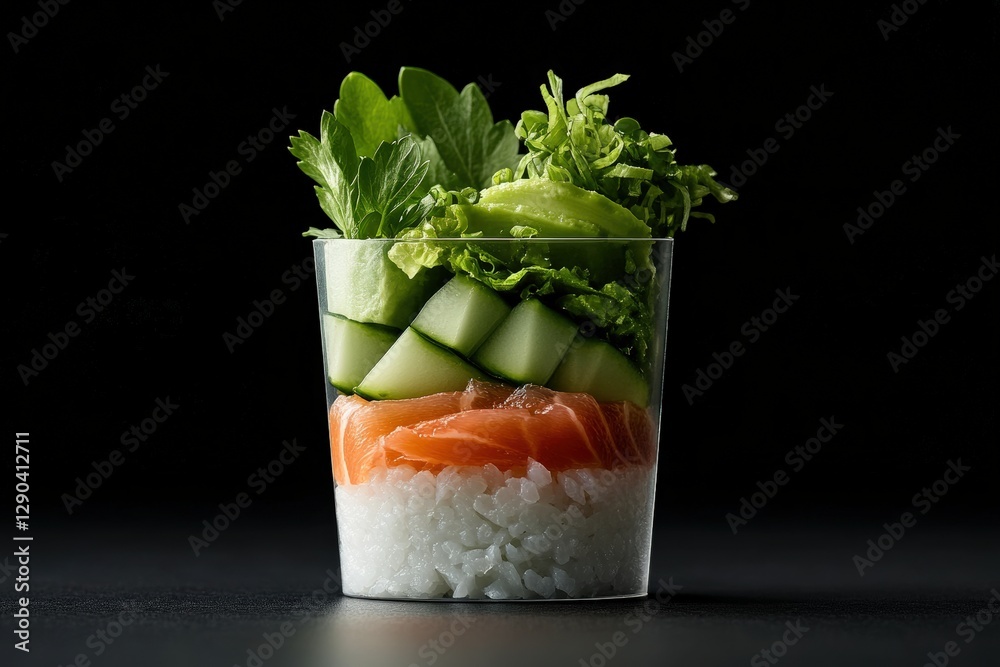 Fresh sushi parfait with salmon, crisp cucumber, and leafy greens. Perfect for healthy eating enthusiasts and food lovers.