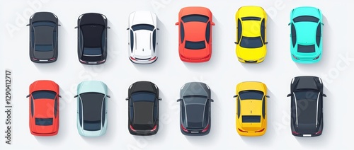 Top view of cars isolated on a transparent background, flat design, vector illustration, minimalism, high-resolution photography, high-quality details, isometric