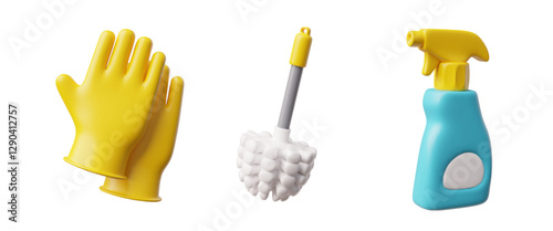 Vector 3d illustration of rubber gloves, toilet brush and glass cleaner on a white background.
