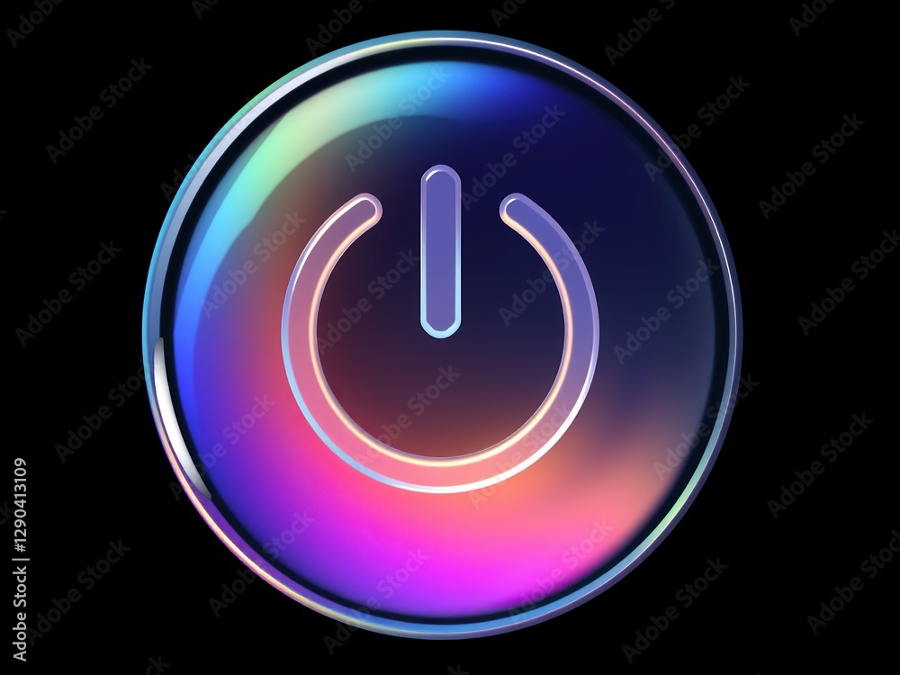 A semi-transparent, three-dimensional power button icon with a glossy rainbow sheen. Represents startup or power-on. Dark black background. A semi-transparent, three-dimensional power button icon with a glossy rainbow sheen. Represents startup or power-on. Dark black background.