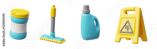 3D set of cleaning tools, vector collection of housekeeping equipment, bottles of detergent, wet floor caution sign, mop