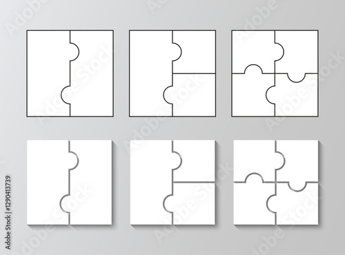 Cutting template. Jigsaw grids set. Puzzle pieces. Scheme for thinking game. Simple mosaic background with separate details. Frame tiles. Vector illustration.