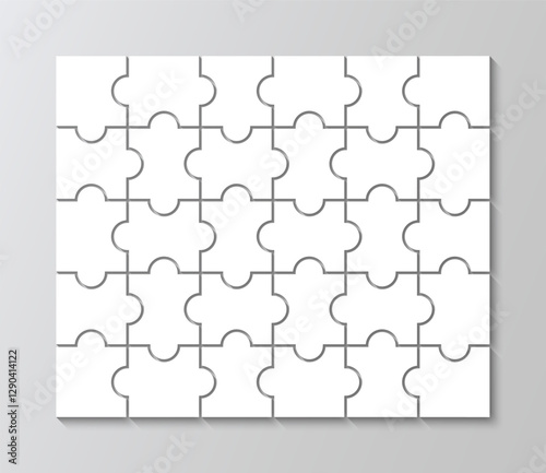 Modern background with puzzle shapes. Mosaic silhouette with 30 details. Jigsaw pieces grid. Cutting template. Scheme of thinking game. Simple frame tiles. Vector illustration