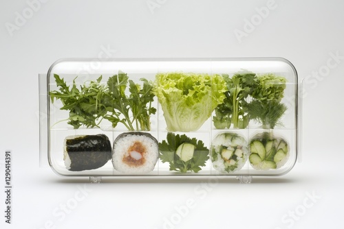 Obraz na płótnie Fresh sushi platter featuring vibrant greens, seaweed, and vegetables, showcasing healthy dining options and culinary creativity in presentation. w salonie