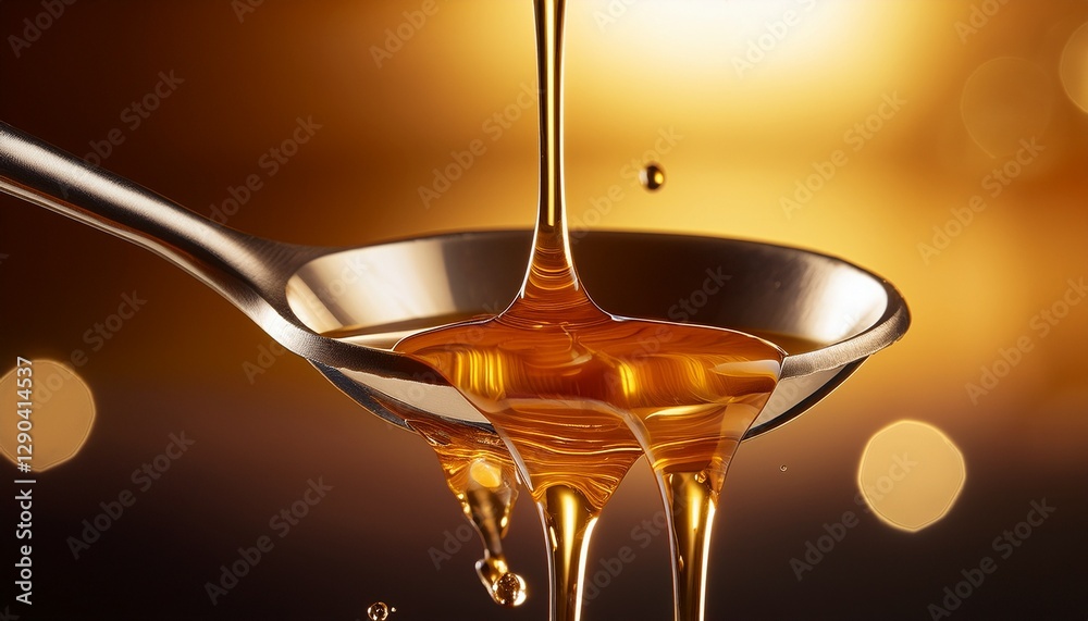 Ultra macro shot of honey dripping from a spoon, capturing the viscous, golden texture as it slowly falls, highlighting the fluidity and richness of the honey. Ultra macro shot of honey dripping from a spoon, capturing the viscous, golden texture as it slowly falls, highlighting the fluidity and richness of the honey.